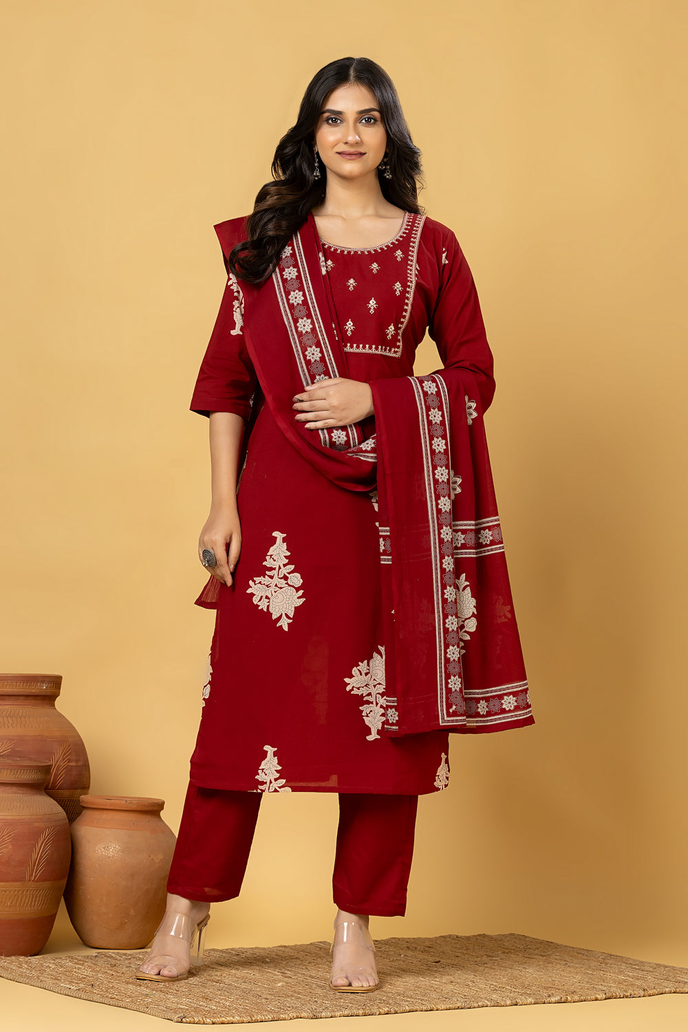 Maroon Embroidered Kurta With Pant & Dupatta