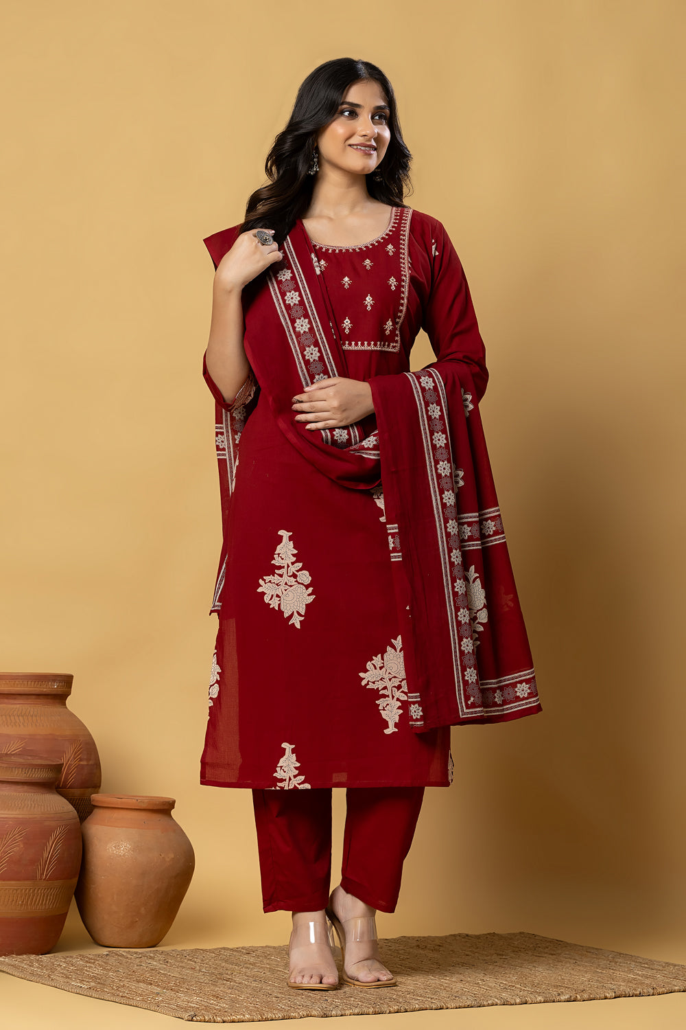 Maroon Embroidered Kurta With Pant & Dupatta