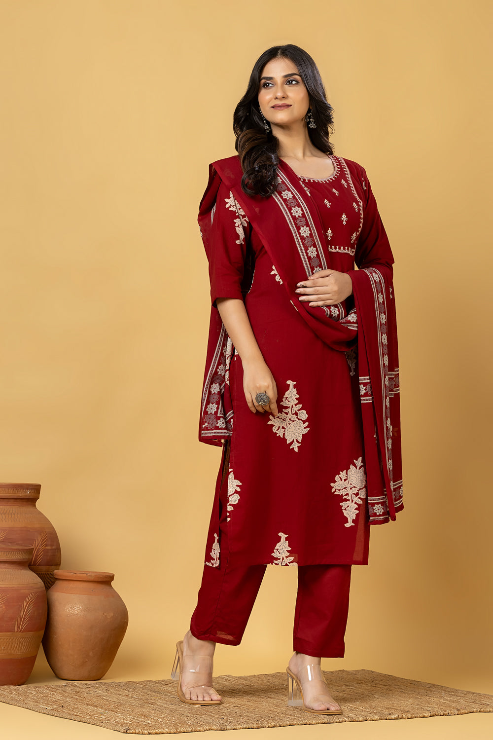 Maroon Embroidered Kurta With Pant & Dupatta