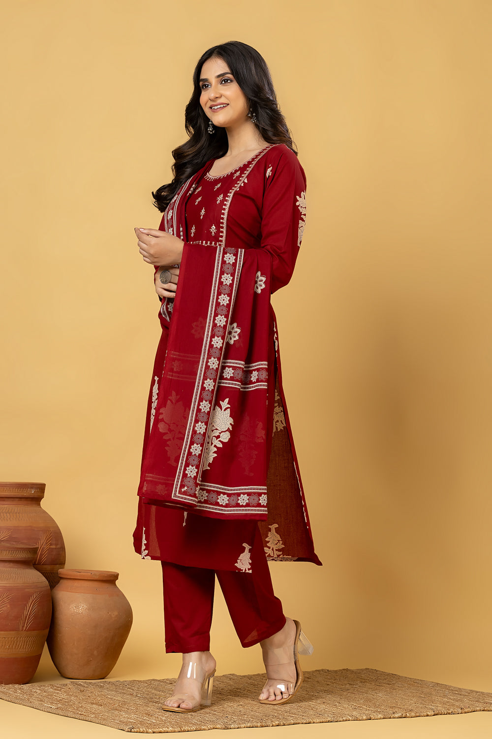 Maroon Embroidered Kurta With Pant & Dupatta