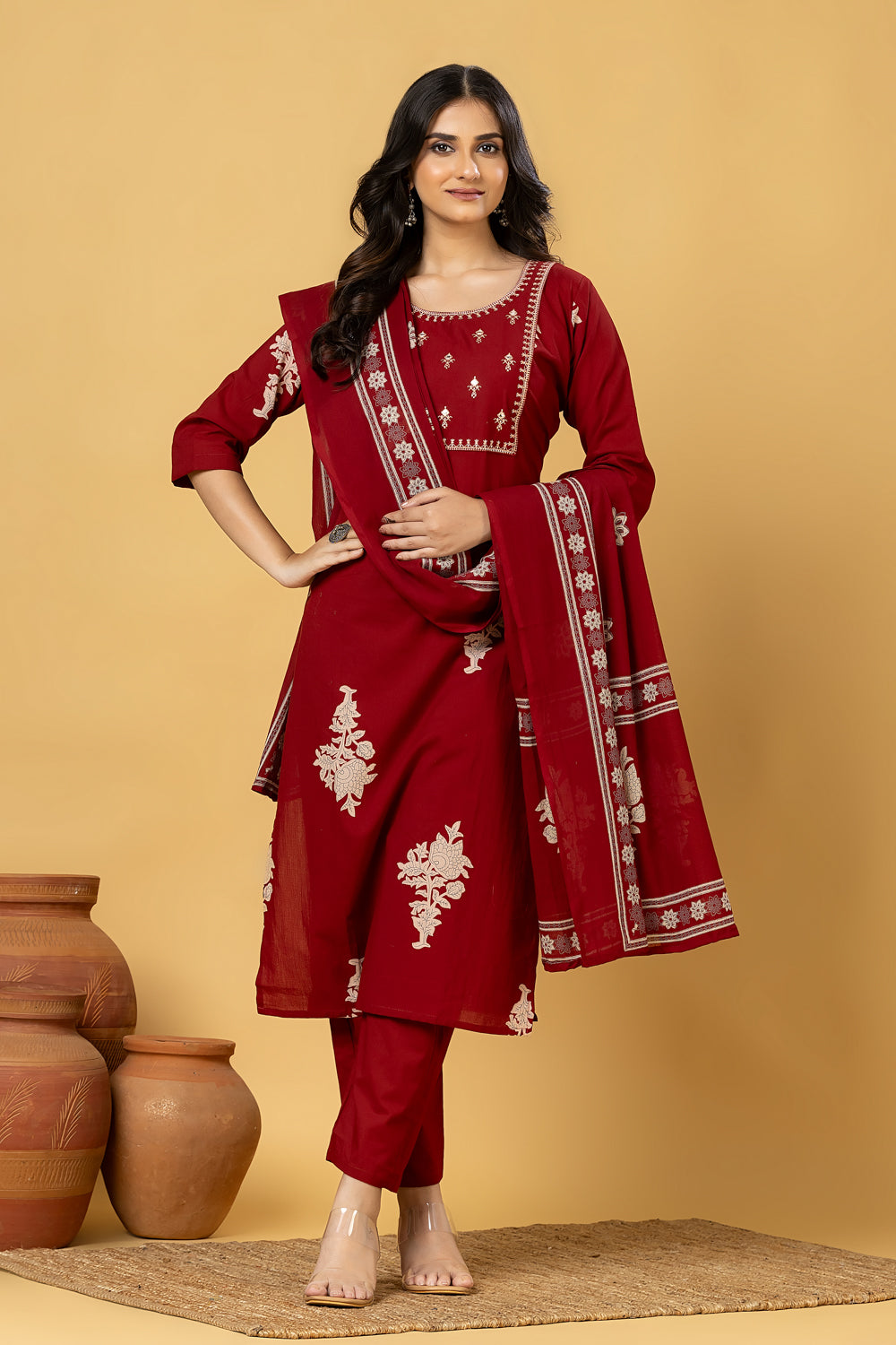 Maroon Embroidered Kurta With Pant & Dupatta