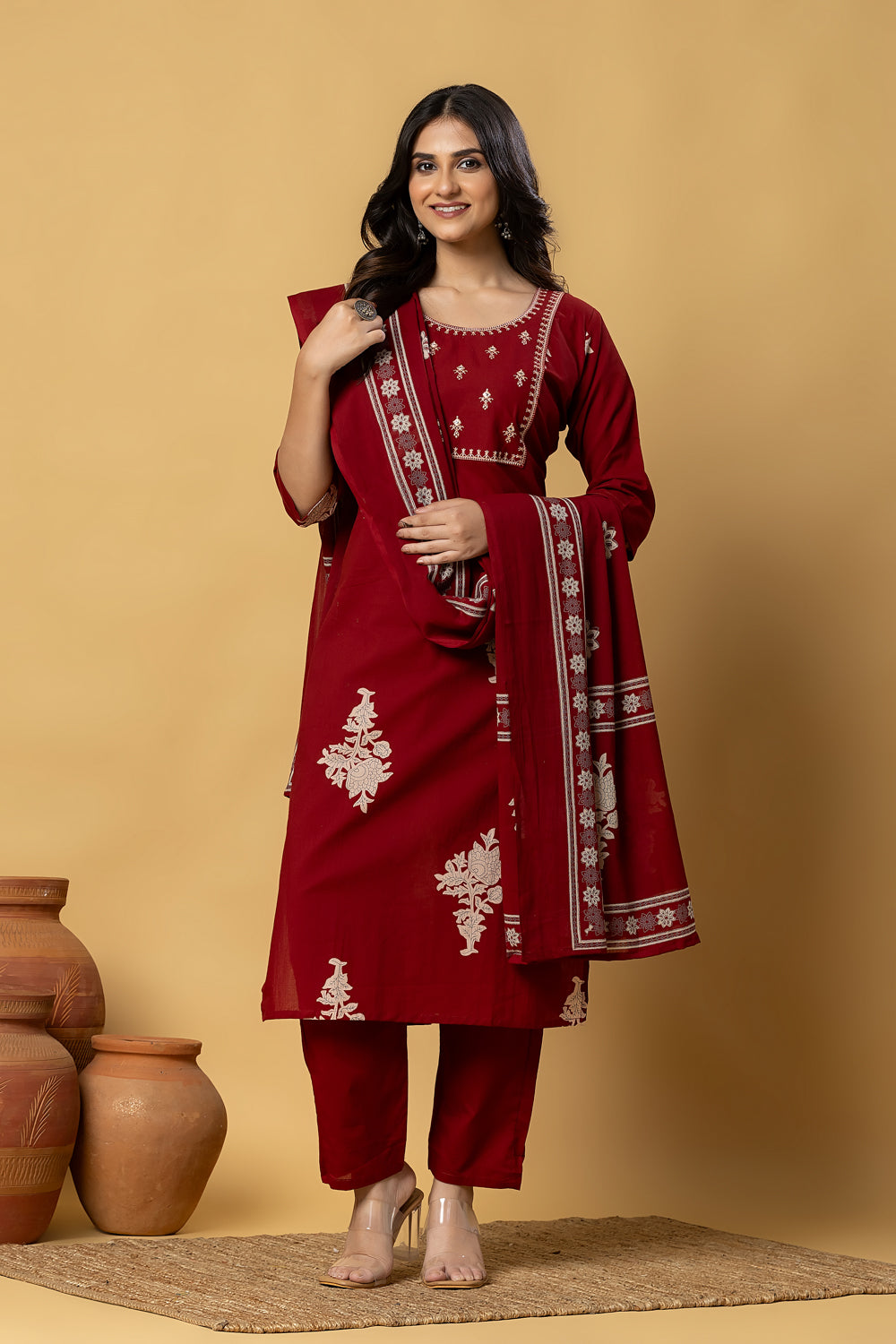 Maroon Embroidered Kurta With Pant & Dupatta