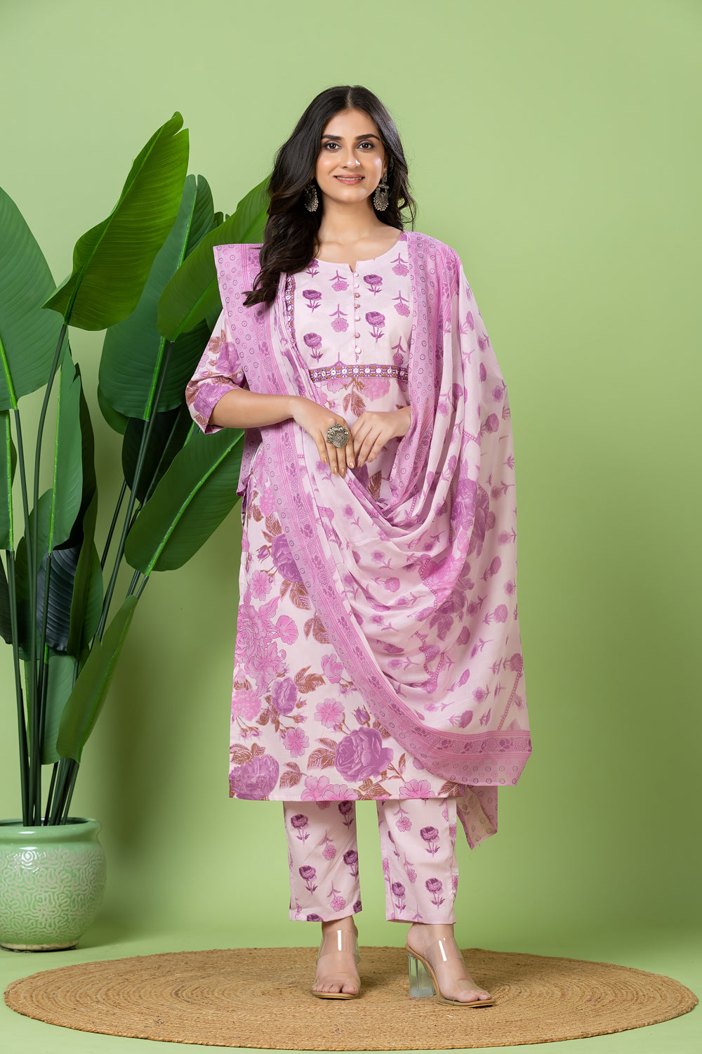 Lavender Embroidered Kurta With Pant & Dupatta