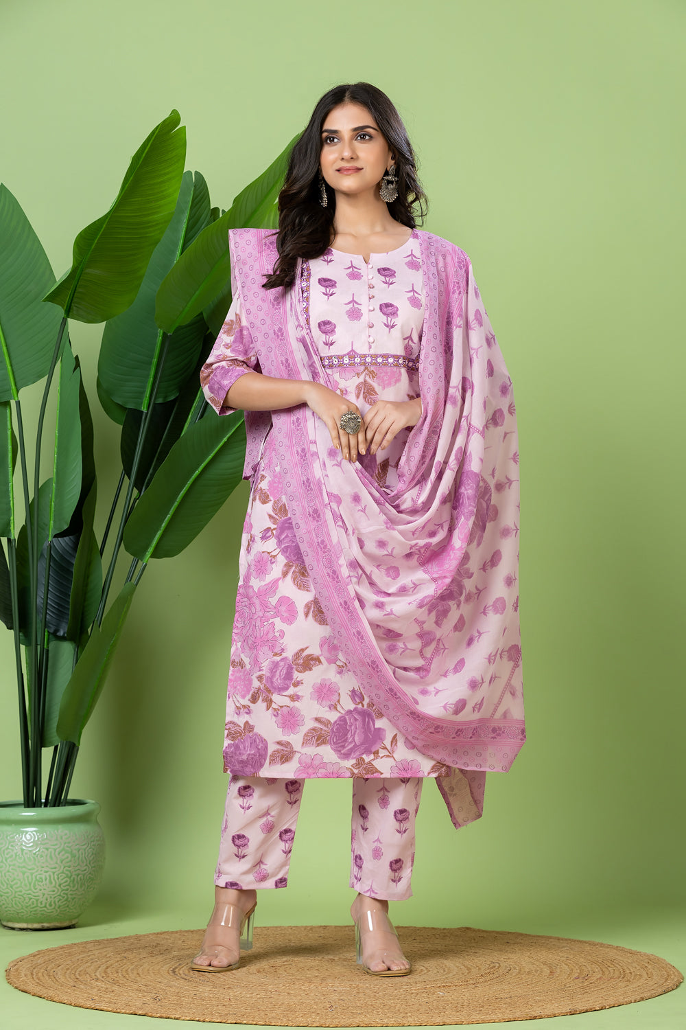 Lavender Embroidered Kurta With Pant & Dupatta