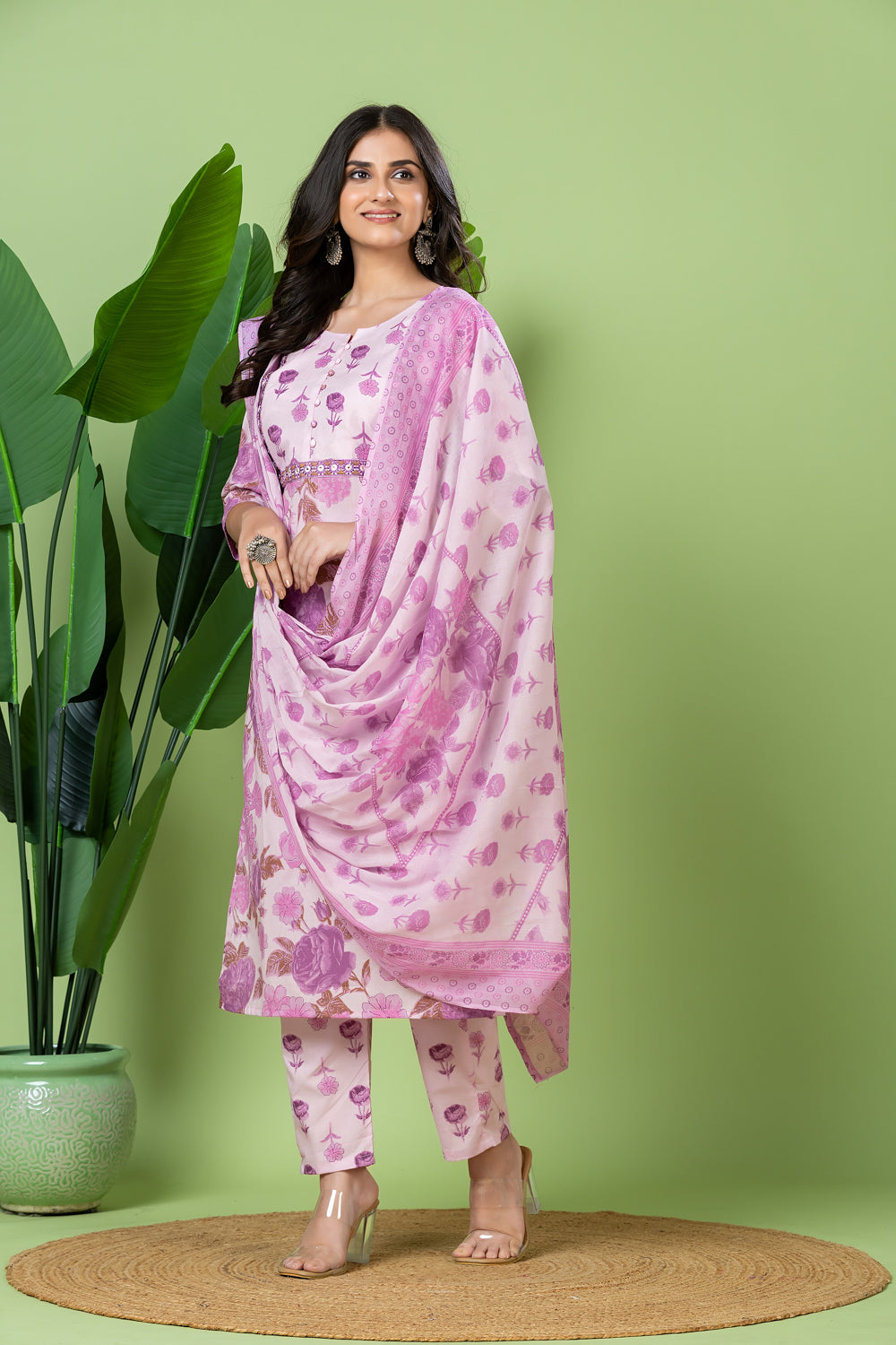 Lavender Embroidered Kurta With Pant & Dupatta