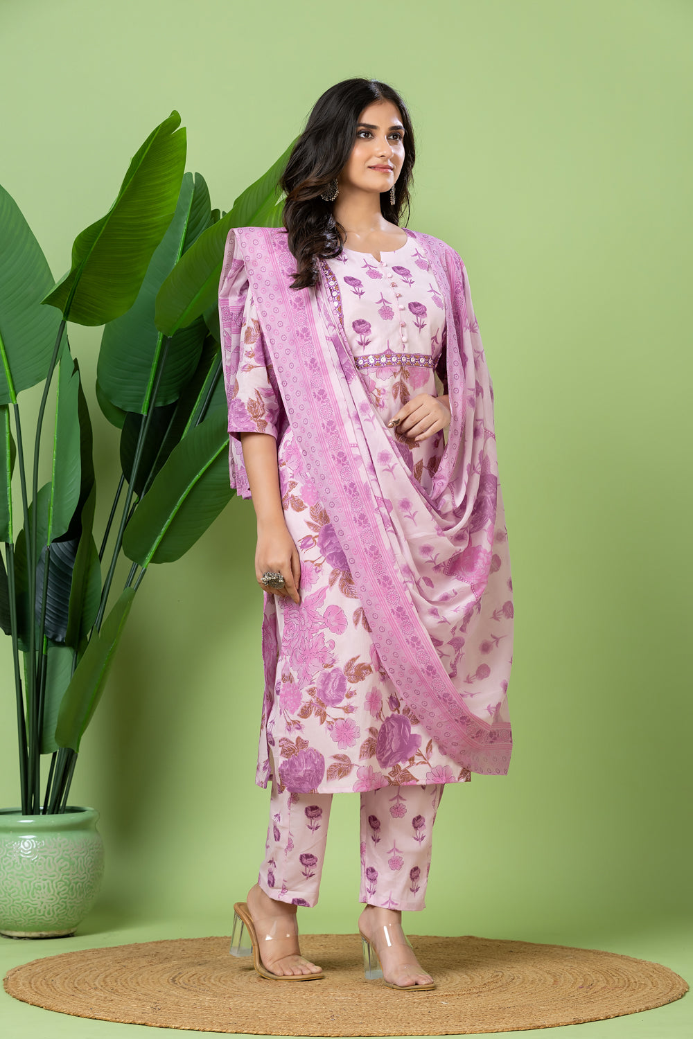 Lavender Embroidered Kurta With Pant & Dupatta