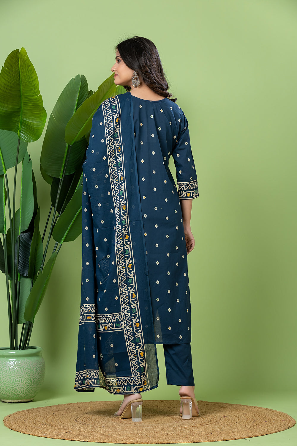 Teal Blue Geometric Print Kurta With Pant & Dupatta