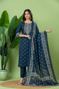 Teal Blue Geometric Print Kurta With Pant & Dupatta