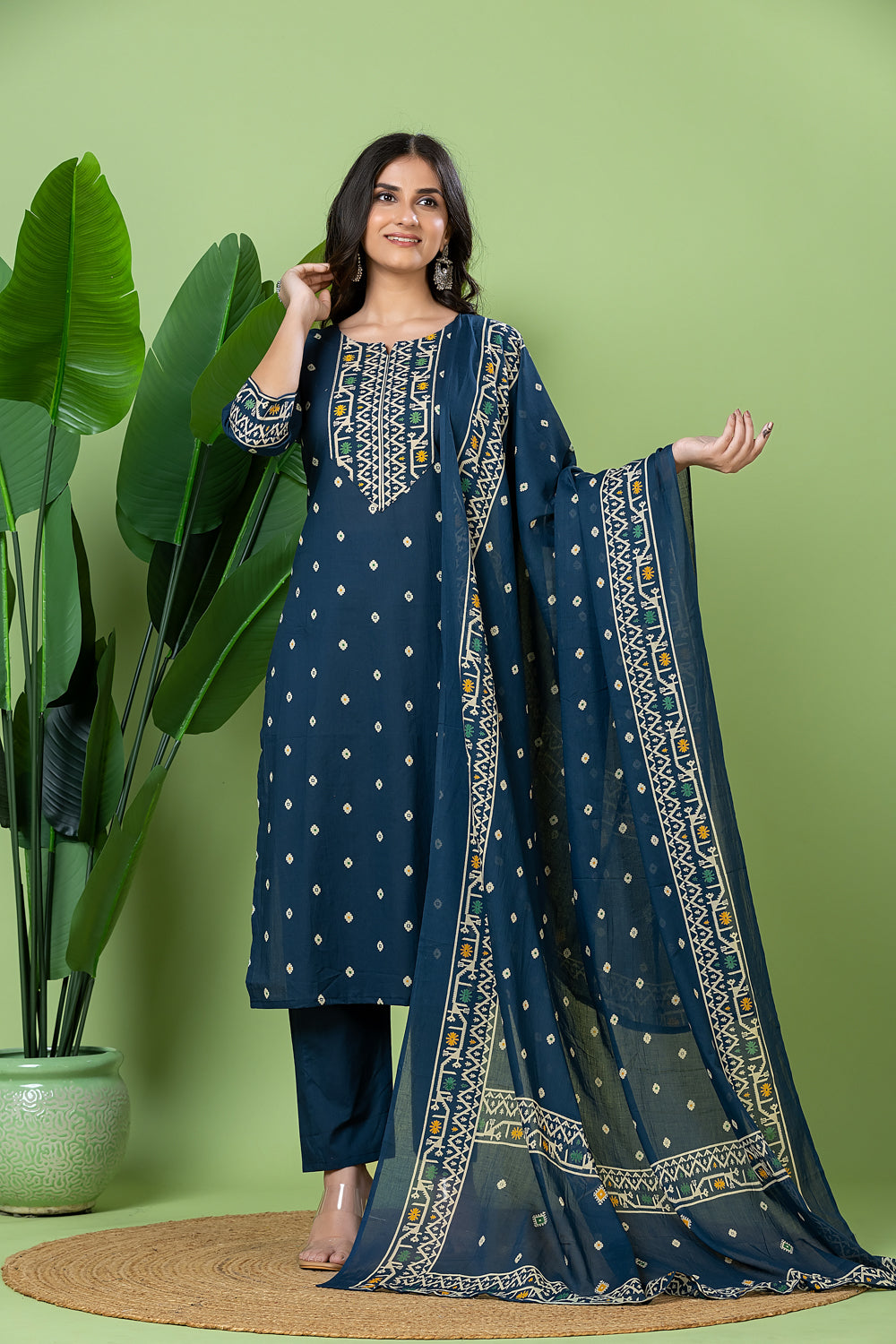 Teal Blue Geometric Print Kurta With Pant & Dupatta