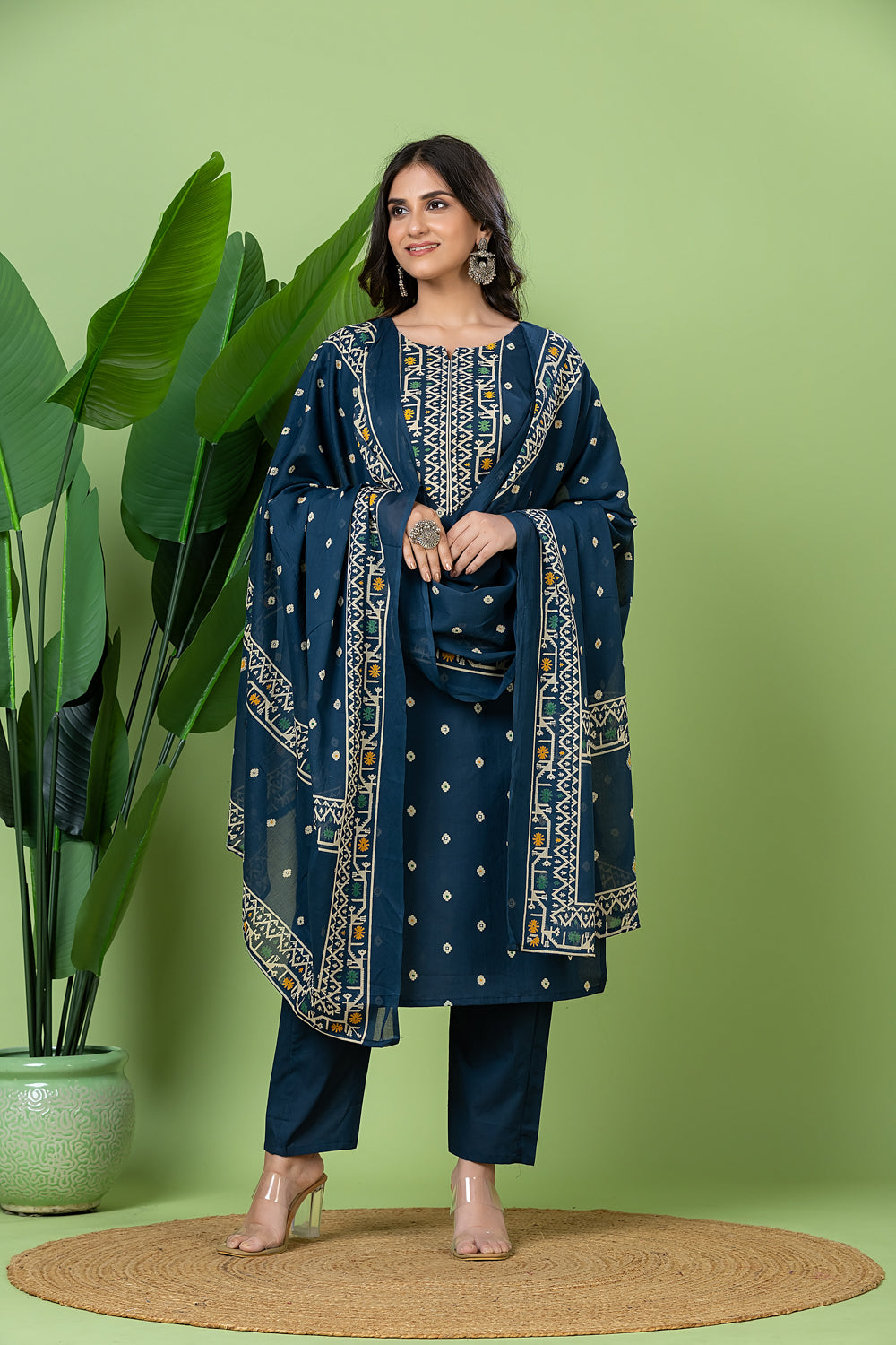 Teal Blue Geometric Print Kurta With Pant & Dupatta