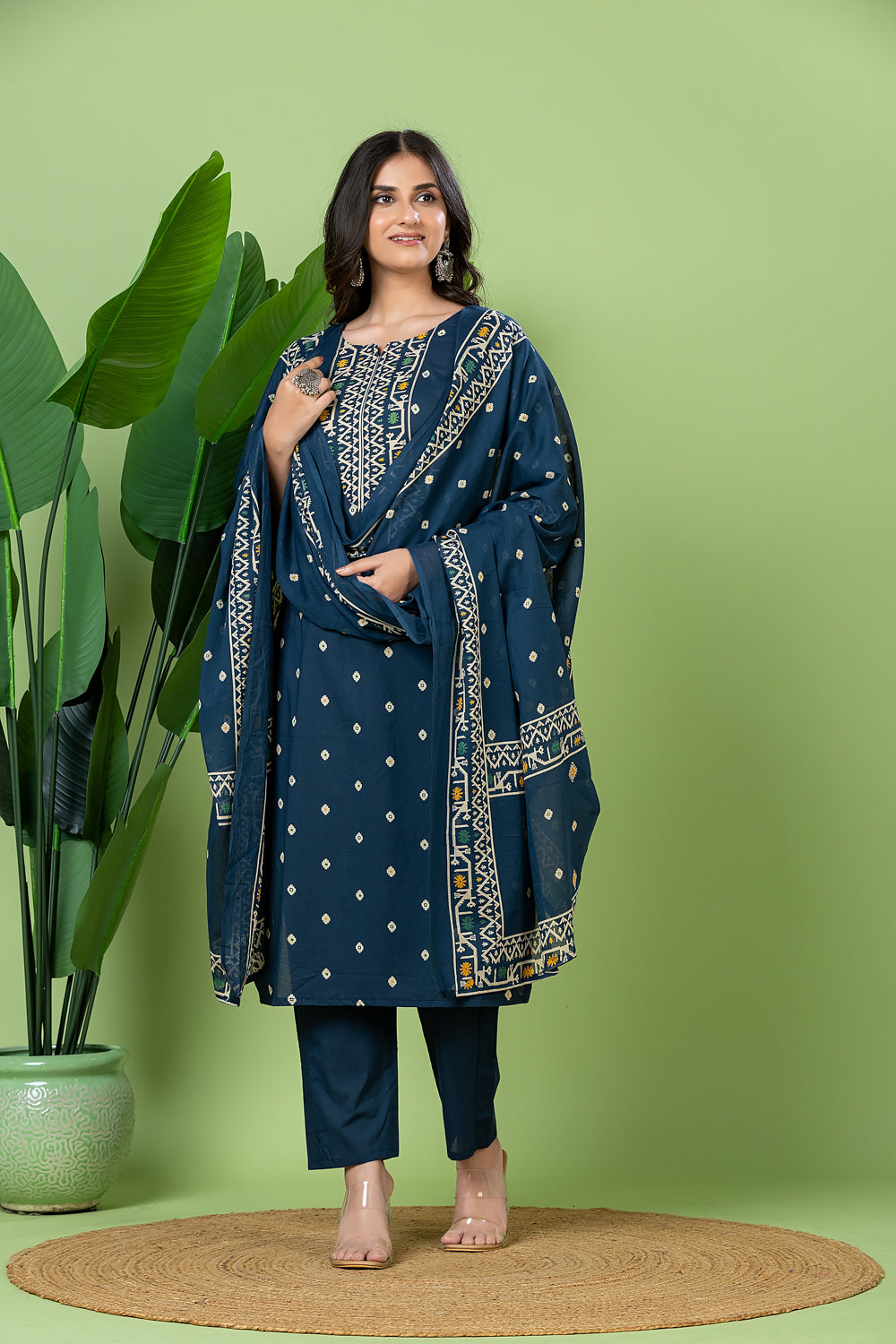 Teal Blue Geometric Print Kurta With Pant & Dupatta