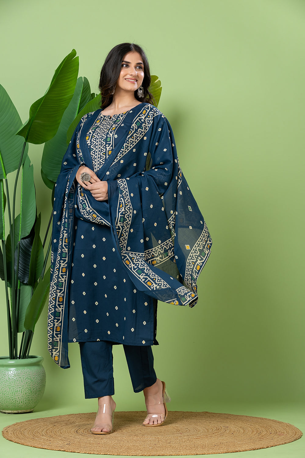 Teal Blue Geometric Print Kurta With Pant & Dupatta