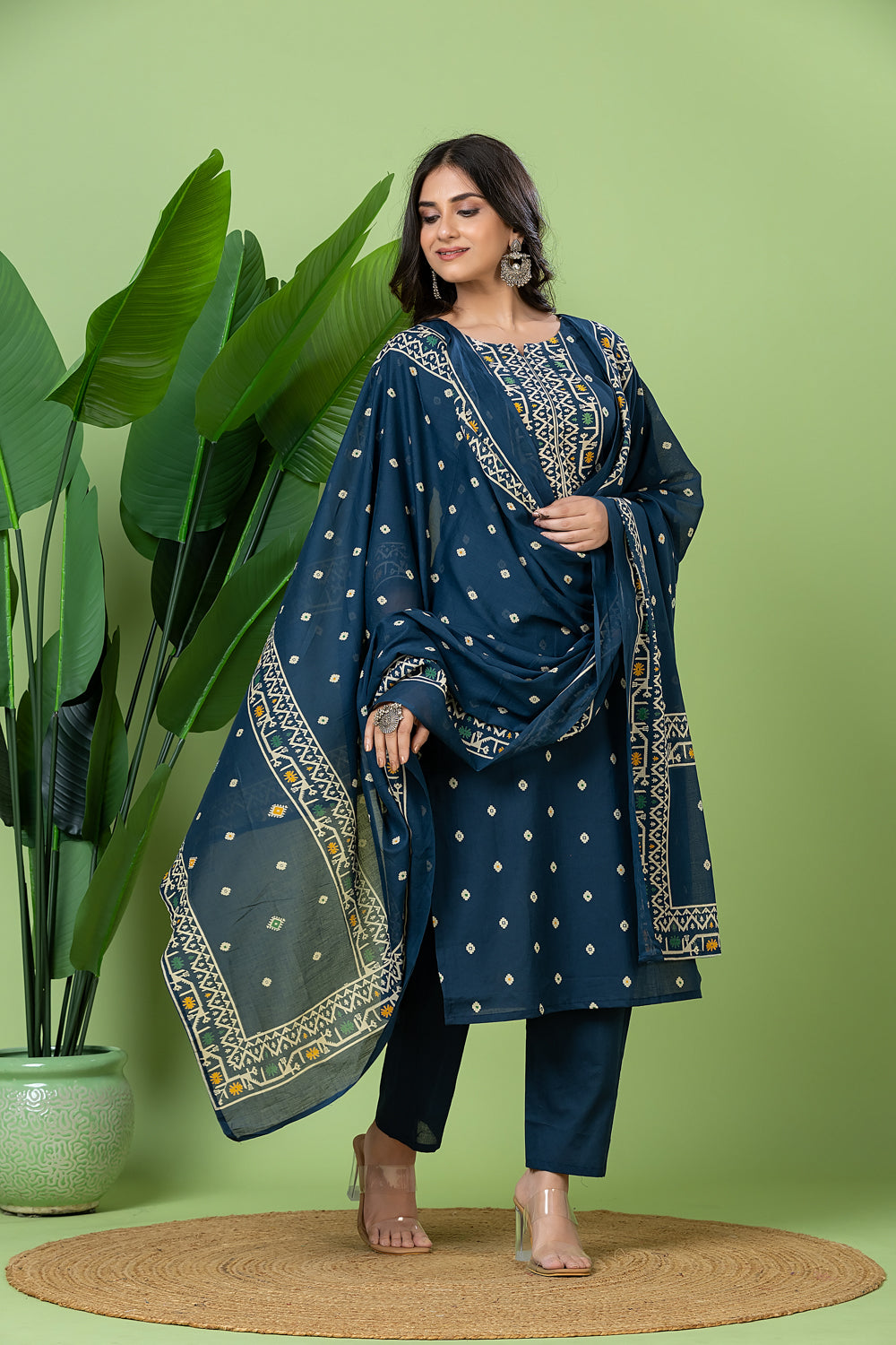 Teal Blue Geometric Print Kurta With Pant & Dupatta