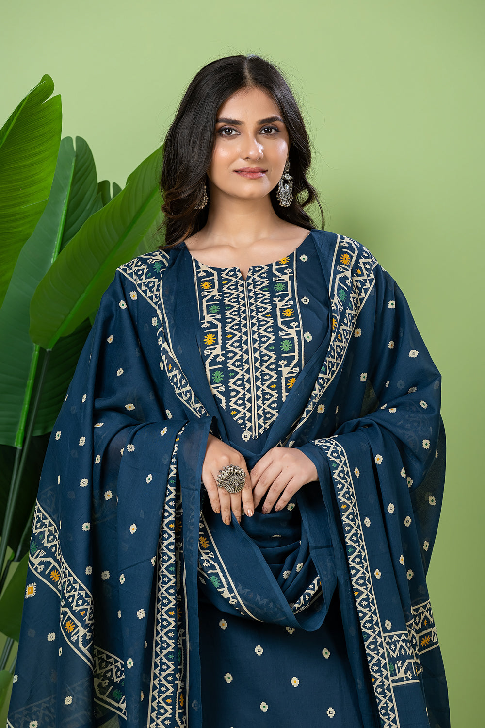 Teal Blue Geometric Print Kurta With Pant & Dupatta