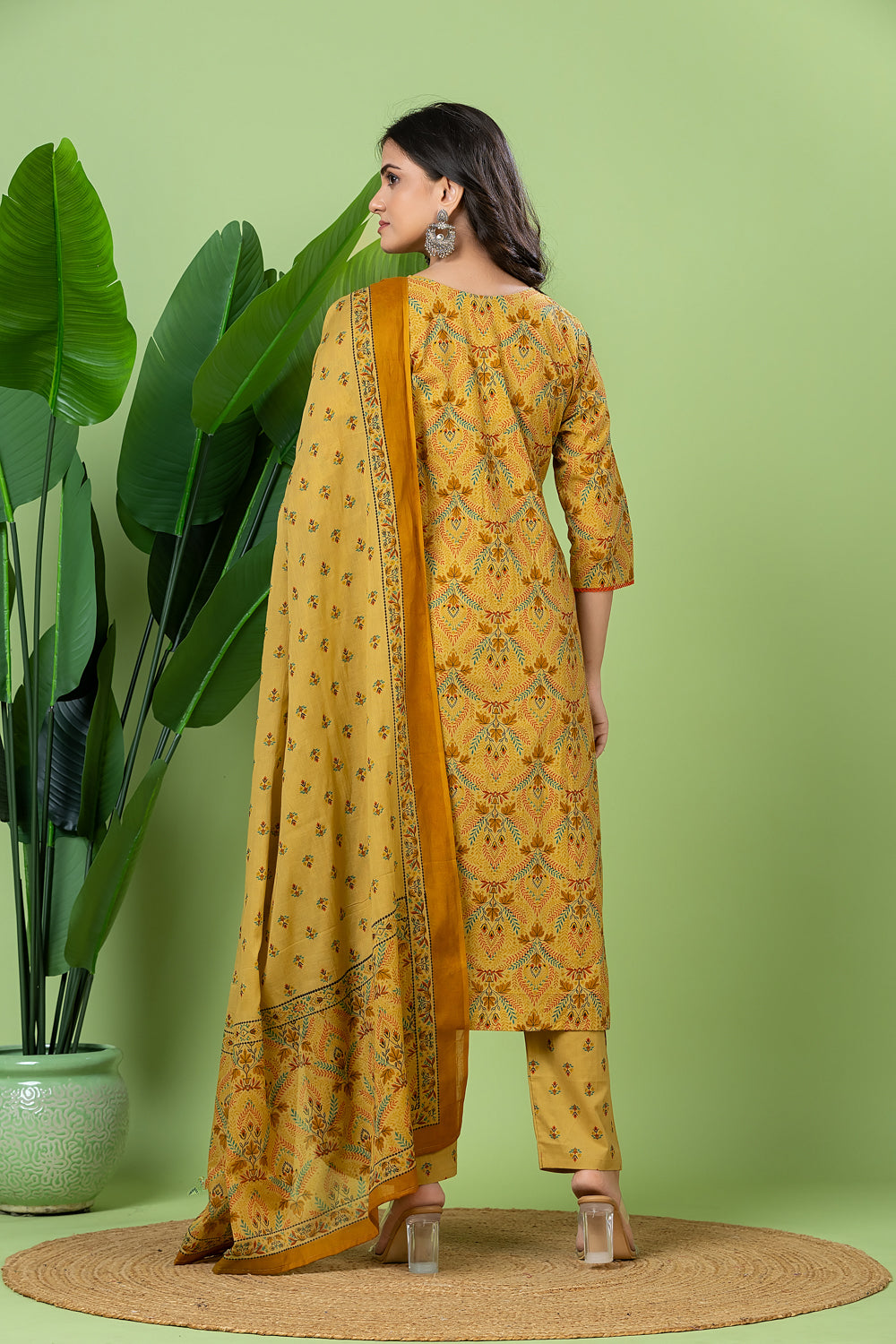 Biscotti Yellow Geometric Print Kurta With Pant & Dupatta