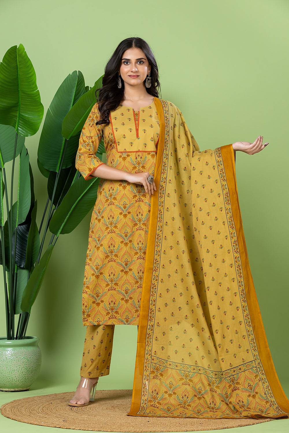 Biscotti Yellow Geometric Print Kurta With Pant & Dupatta