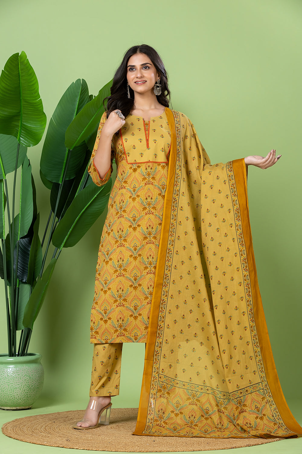 Biscotti Yellow Geometric Print Kurta With Pant & Dupatta