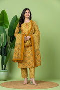Biscotti Yellow Geometric Print Kurta With Pant & Dupatta
