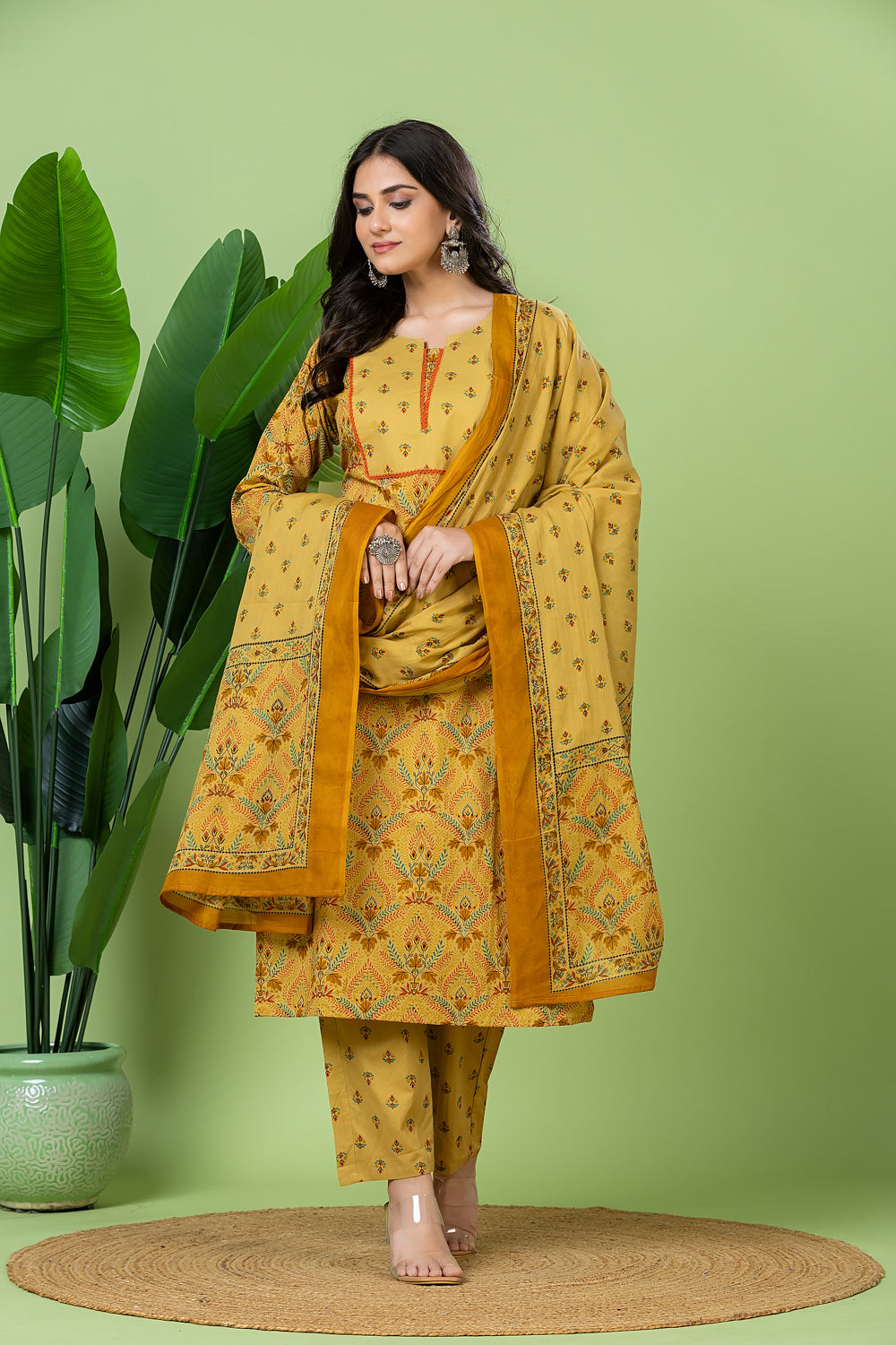 Biscotti Yellow Geometric Print Kurta With Pant & Dupatta