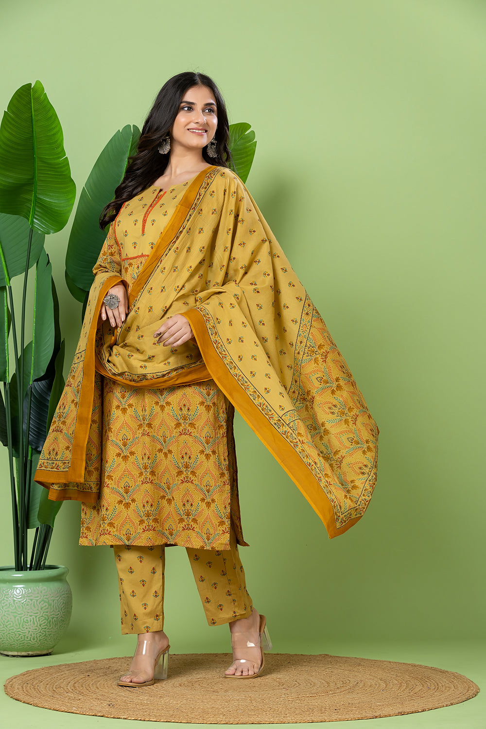 Biscotti Yellow Geometric Print Kurta With Pant & Dupatta