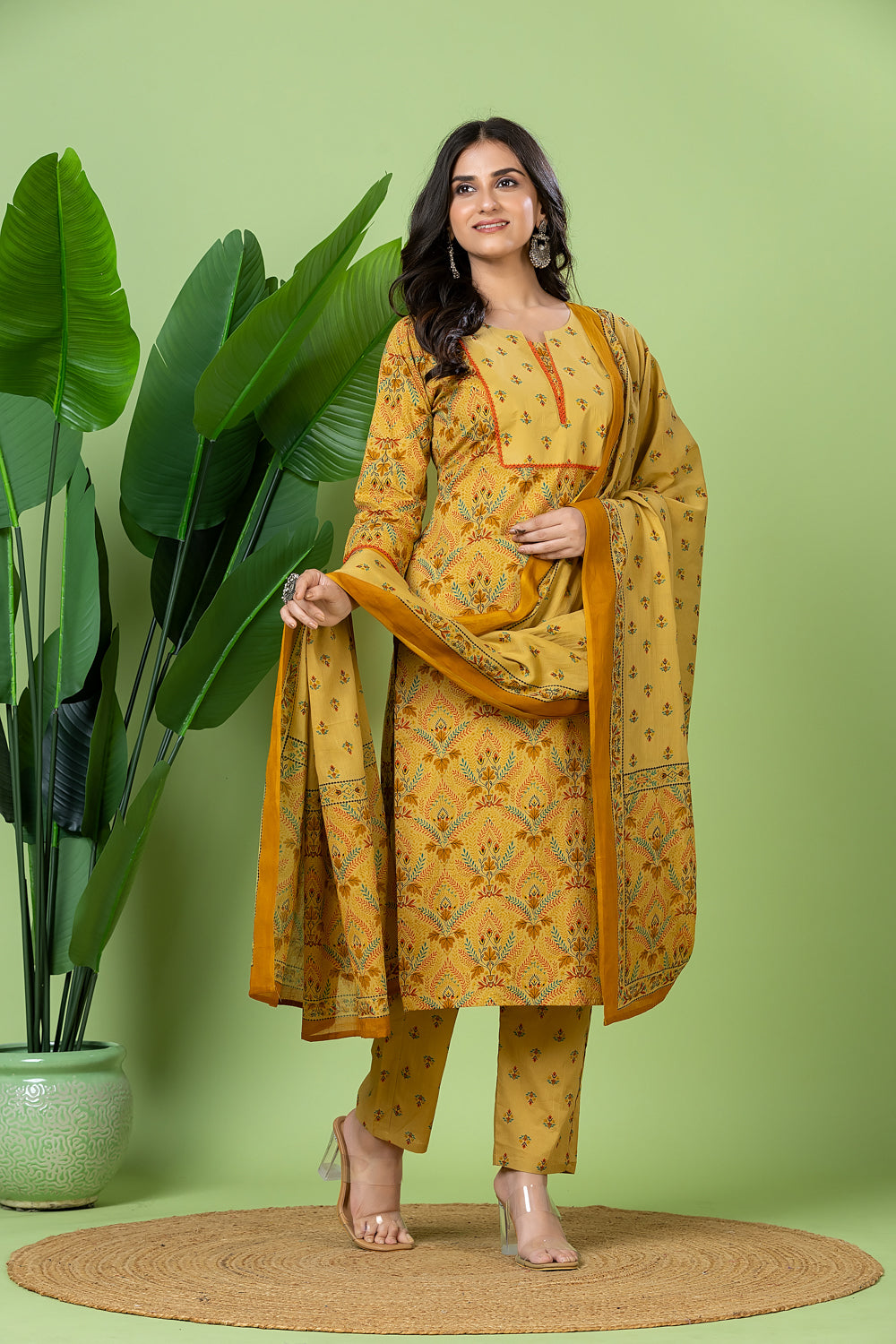 Biscotti Yellow Geometric Print Kurta With Pant & Dupatta