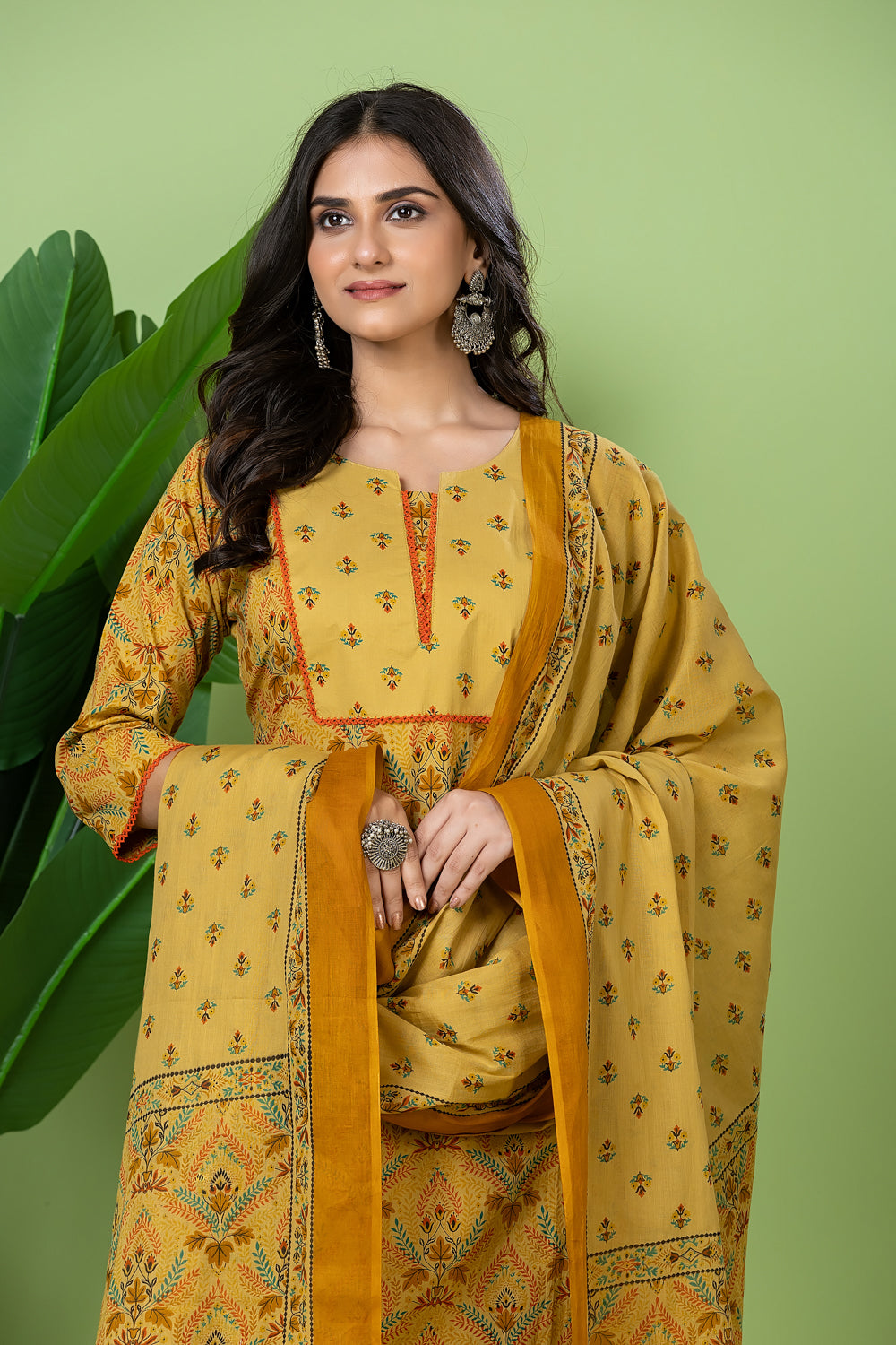 Biscotti Yellow Geometric Print Kurta With Pant & Dupatta