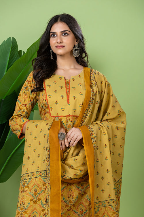 Biscotti Yellow Geometric Print Kurta With Pant & Dupatta