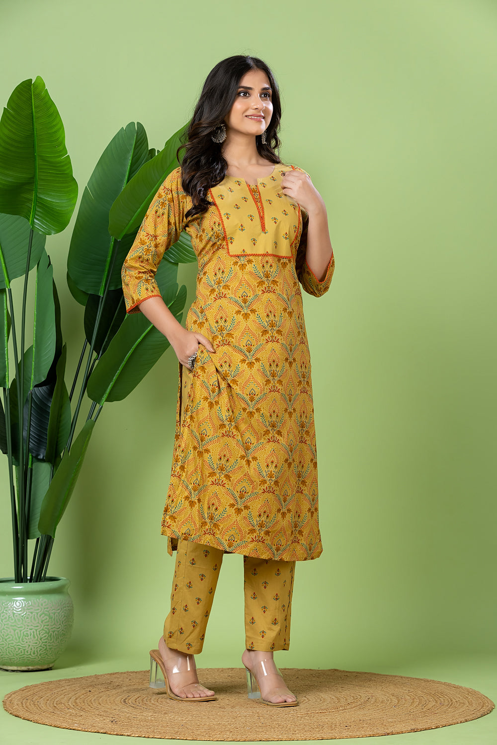 Biscotti Yellow Geometric Print Kurta With Pant & Dupatta