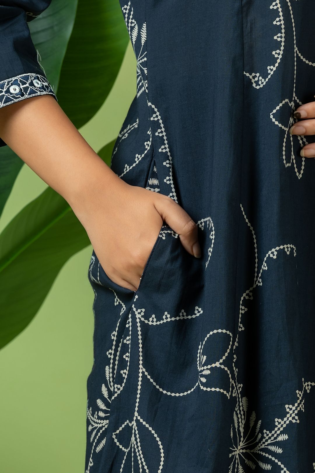 Navy Blue Embroidered A-Line Kurta With Pant & Dupatta