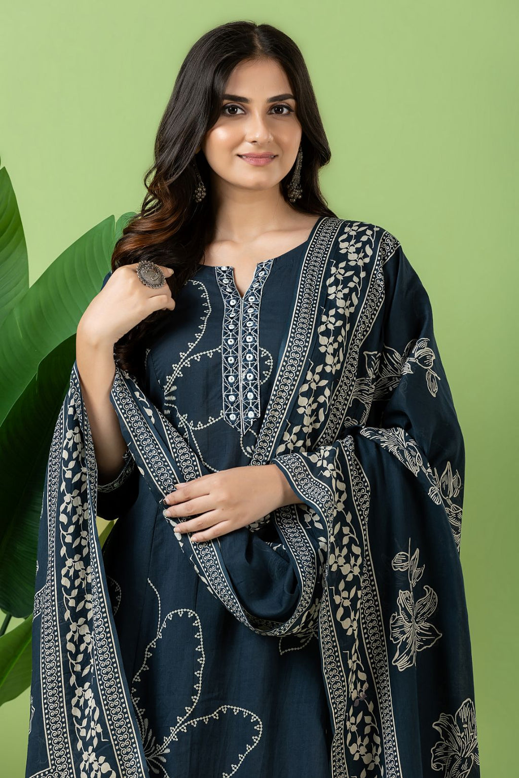 Navy Blue Embroidered A-Line Kurta With Pant & Dupatta