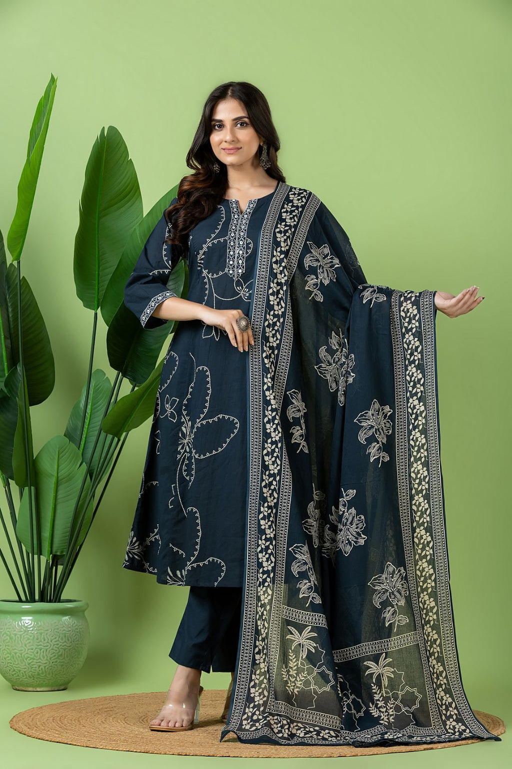 Navy Blue Embroidered A-Line Kurta With Pant & Dupatta
