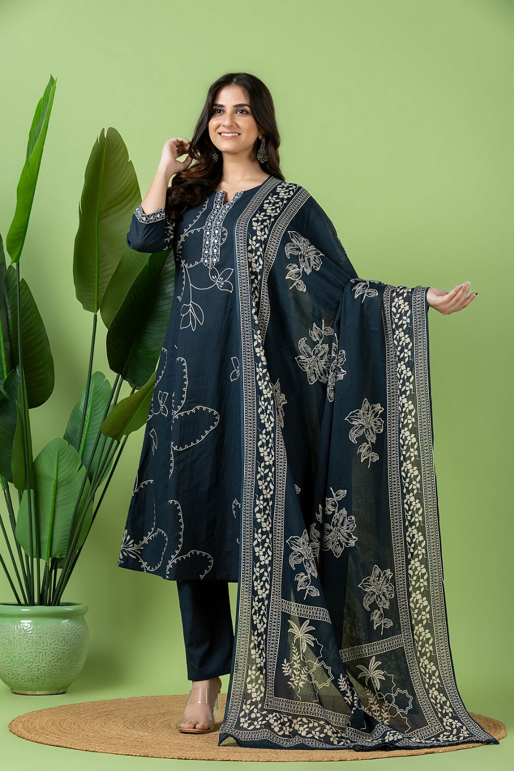 Navy Blue Embroidered A-Line Kurta With Pant & Dupatta
