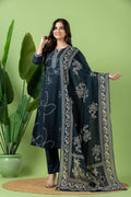 Navy Blue Embroidered A-Line Kurta With Pant & Dupatta