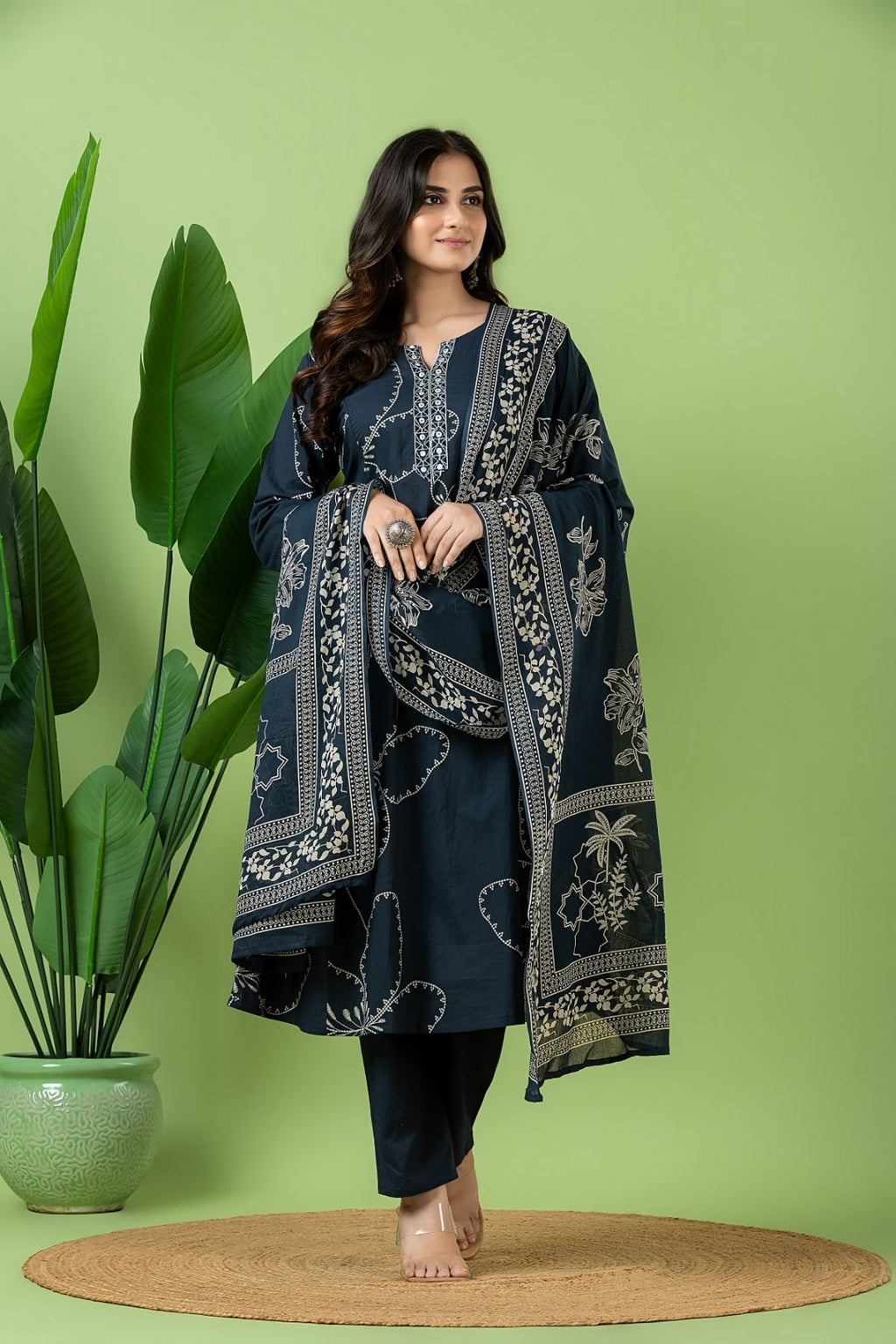 Navy Blue Embroidered A-Line Kurta With Pant & Dupatta