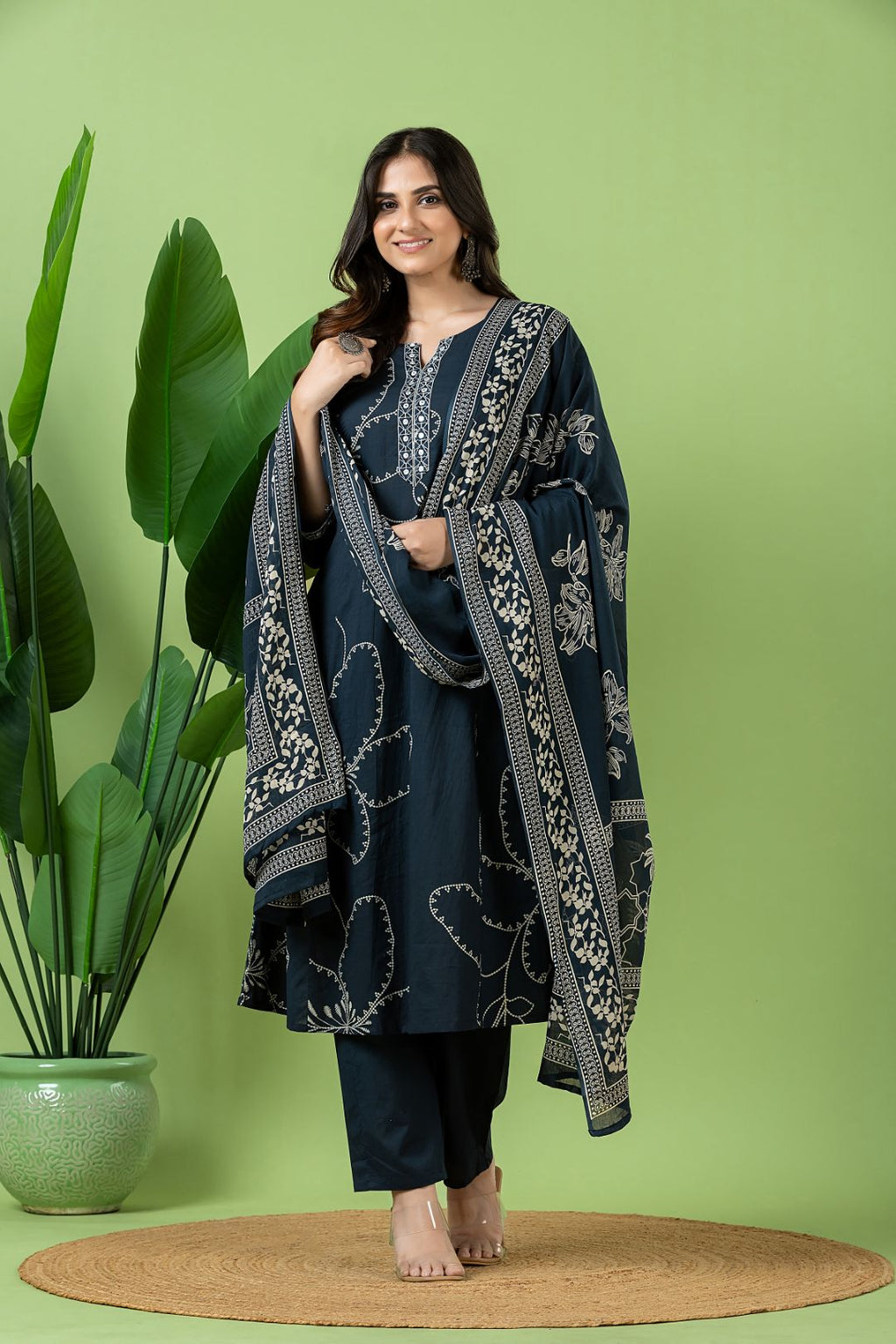 Navy Blue Embroidered A-Line Kurta With Pant & Dupatta