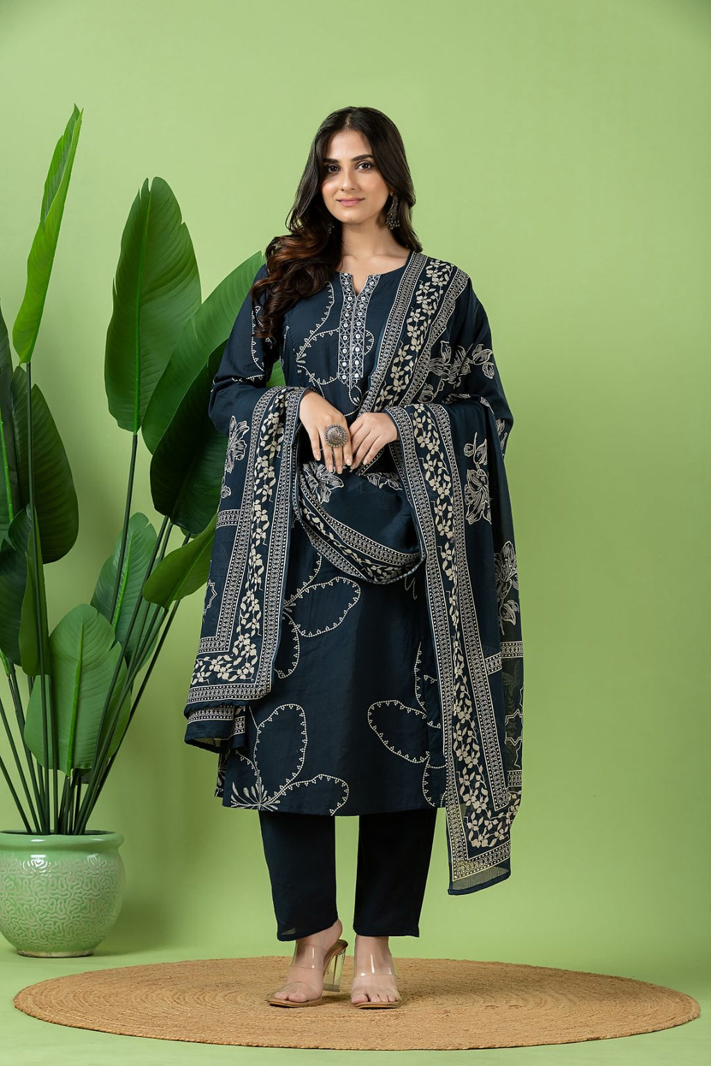 Navy Blue Embroidered A-Line Kurta With Pant & Dupatta