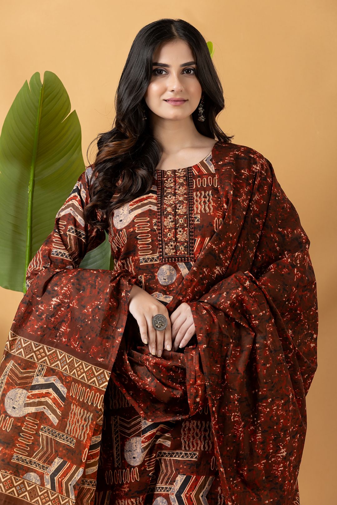 Rust Tribal Motif Embroidered Kurta With Pant & Dupatta