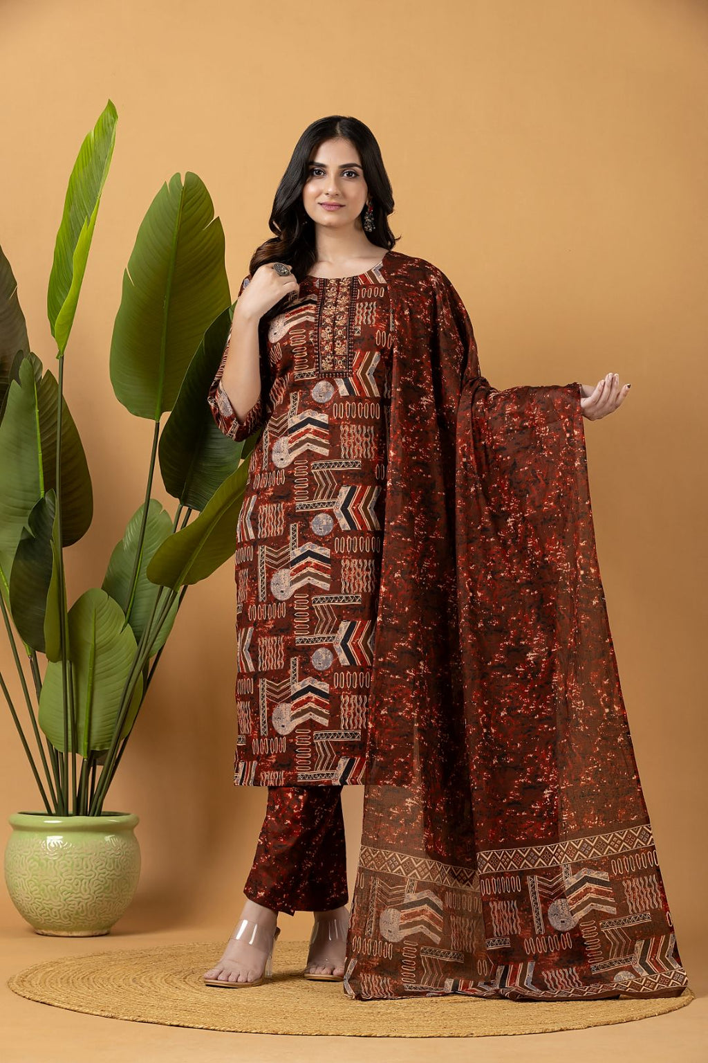Rust Tribal Motif Embroidered Kurta With Pant & Dupatta
