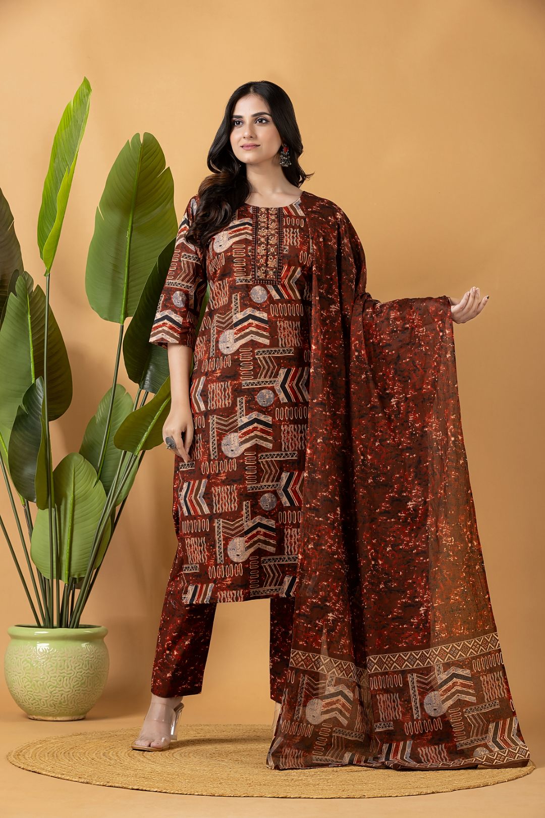 Rust Tribal Motif Embroidered Kurta With Pant & Dupatta