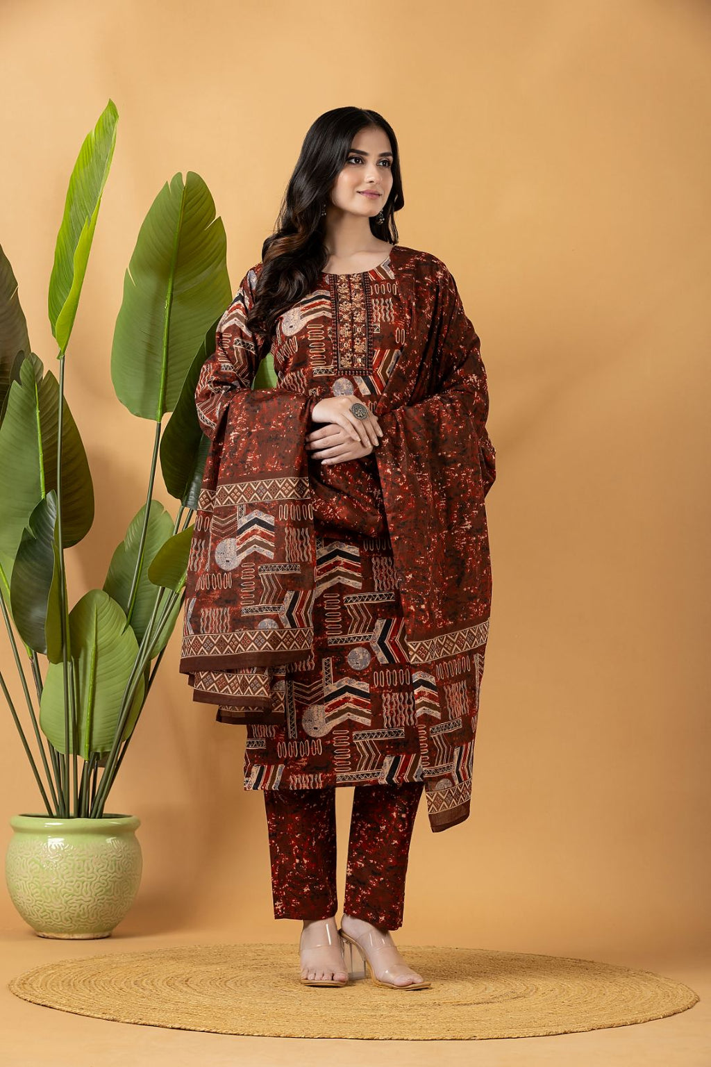 Rust Tribal Motif Embroidered Kurta With Pant & Dupatta