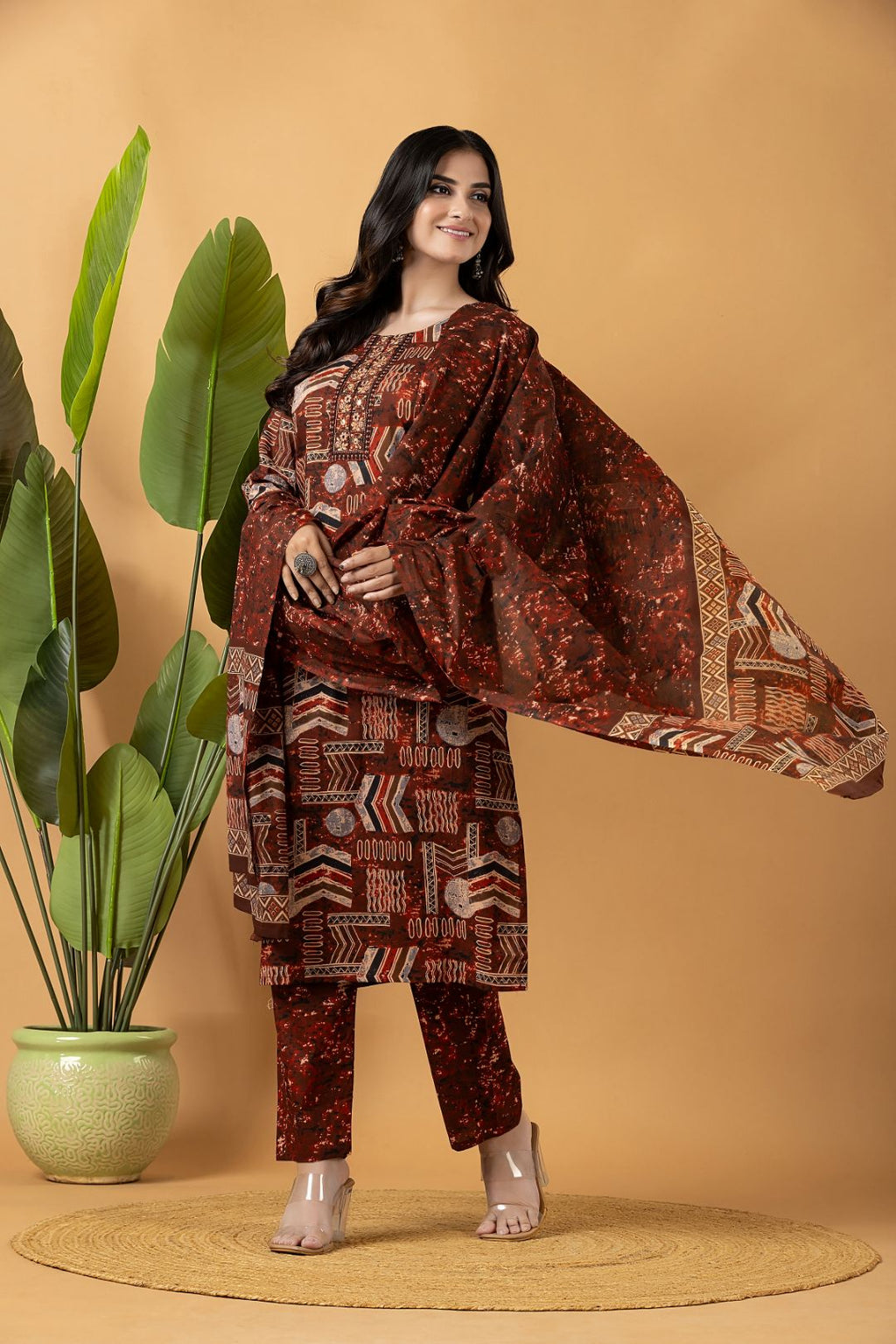 Rust Tribal Motif Embroidered Kurta With Pant & Dupatta
