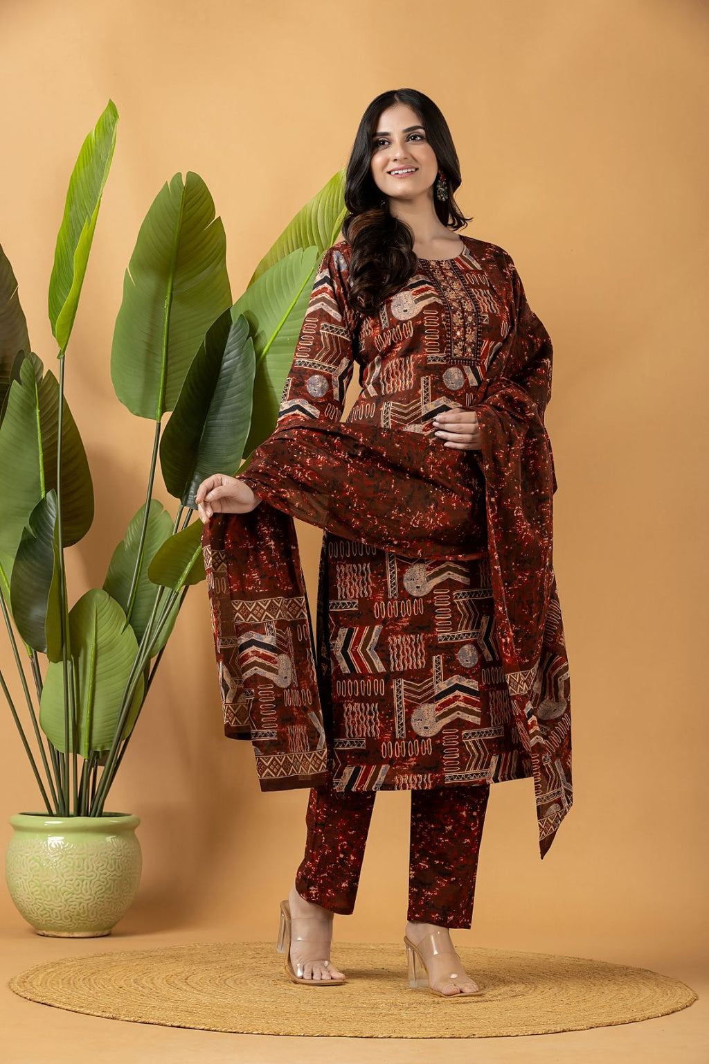 Rust Tribal Motif Embroidered Kurta With Pant & Dupatta