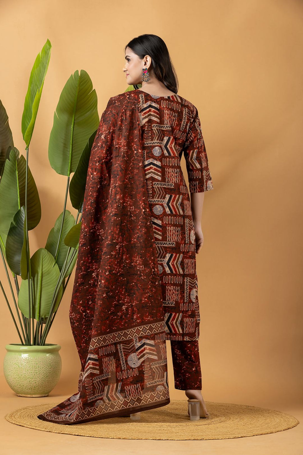 Rust Tribal Motif Embroidered Kurta With Pant & Dupatta