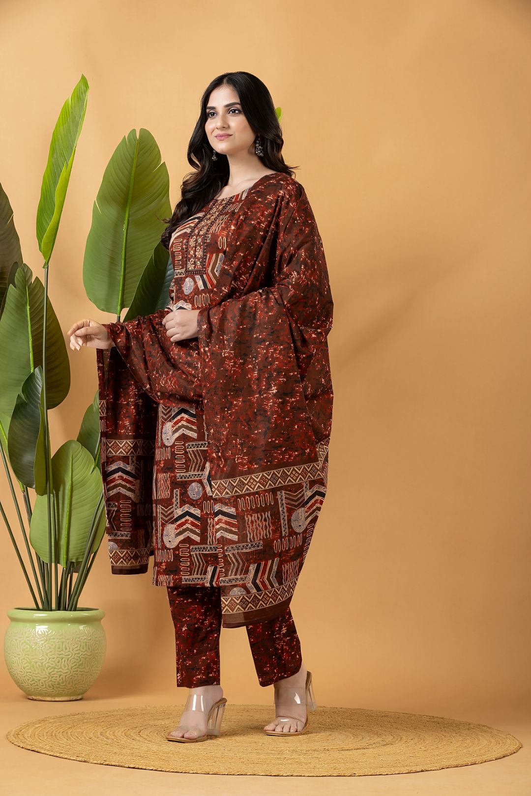 Rust Tribal Motif Embroidered Kurta With Pant & Dupatta