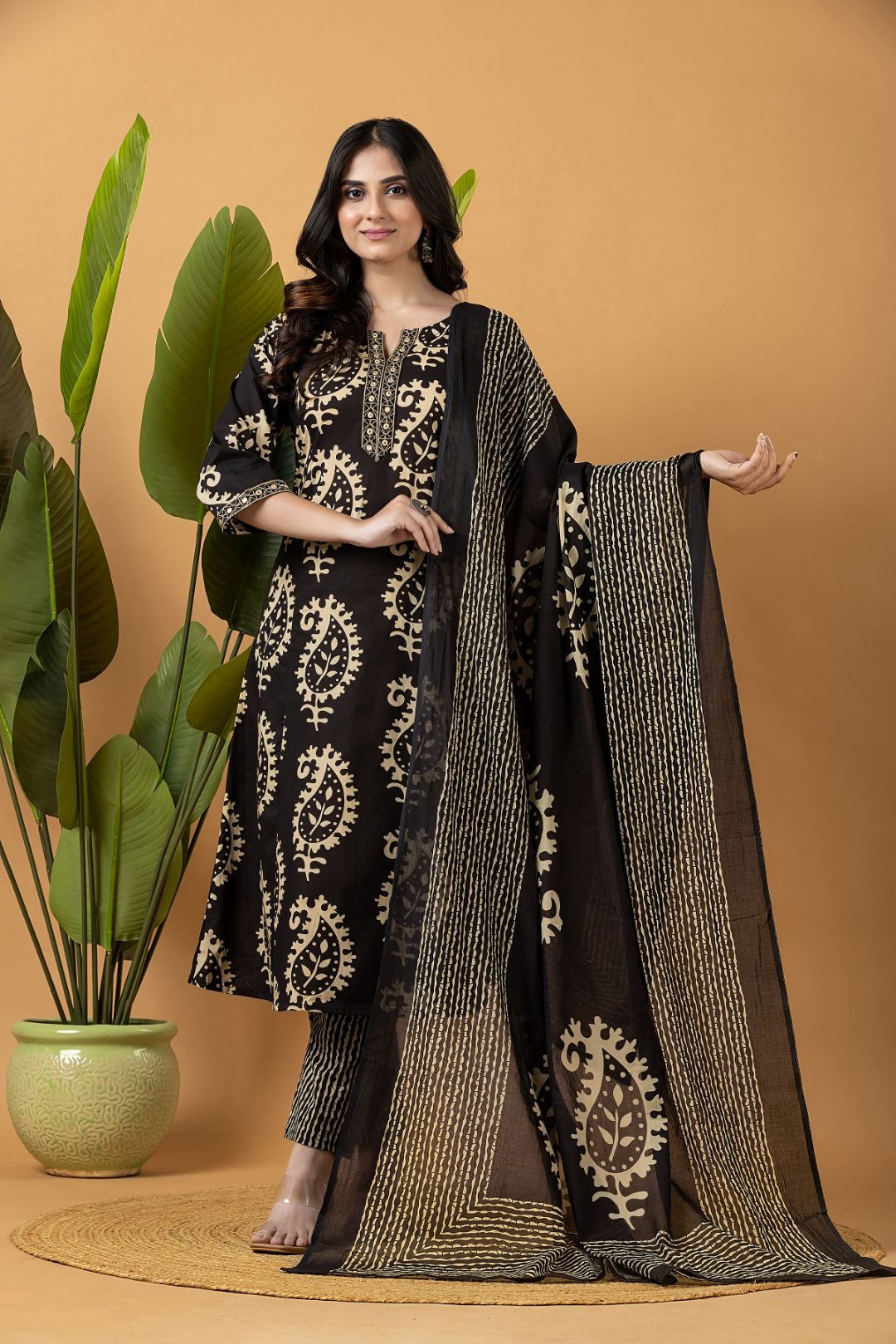 Black Embroidered A-Line Kurta With Pant & Dupatta
