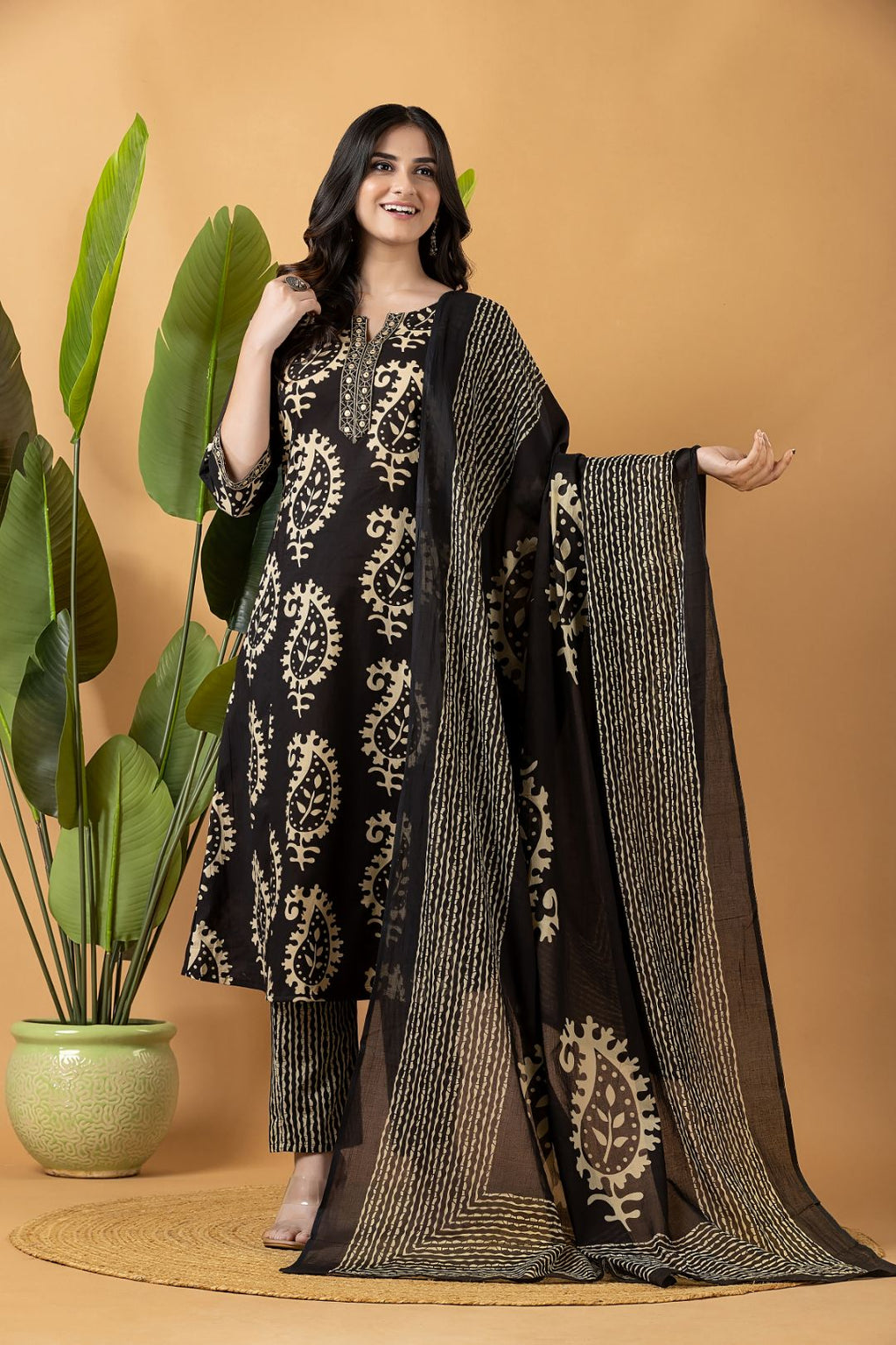 Black Embroidered A-Line Kurta With Pant & Dupatta