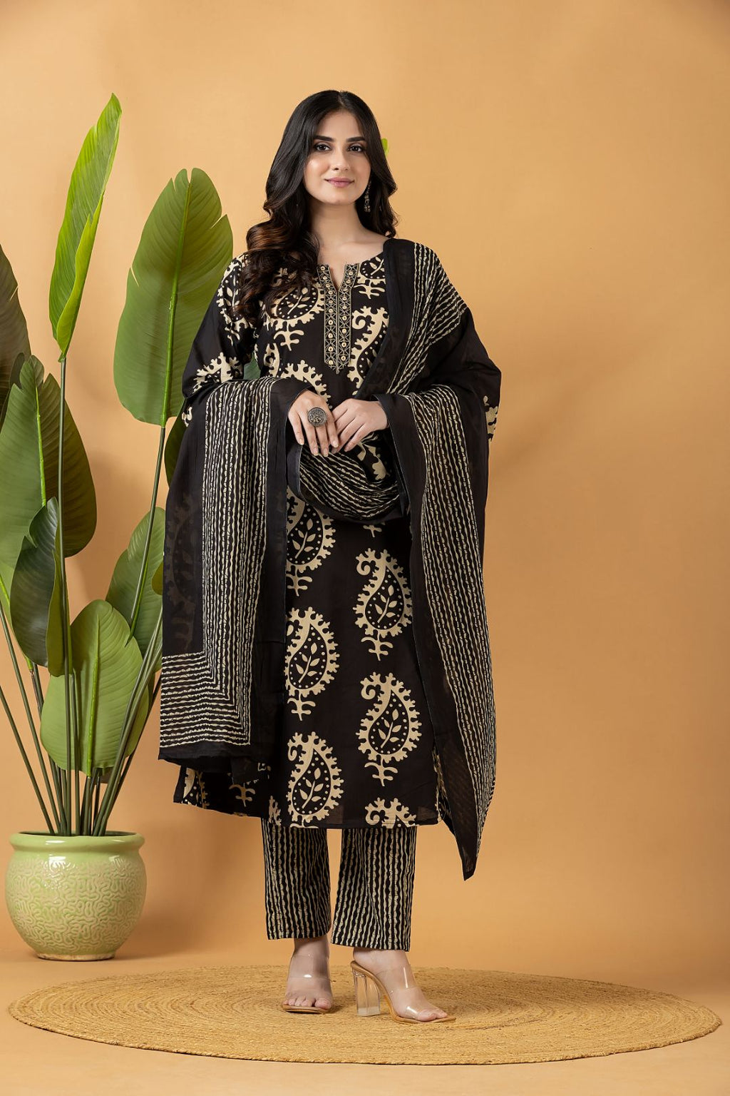 Black Embroidered A-Line Kurta With Pant & Dupatta