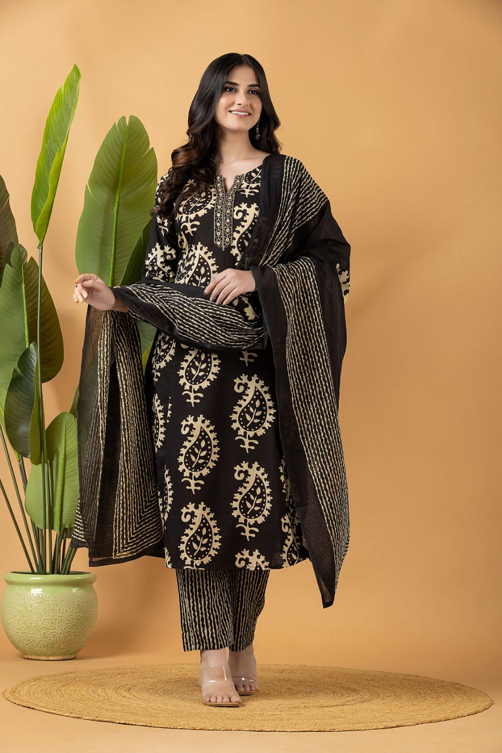 Black Embroidered A-Line Kurta With Pant & Dupatta