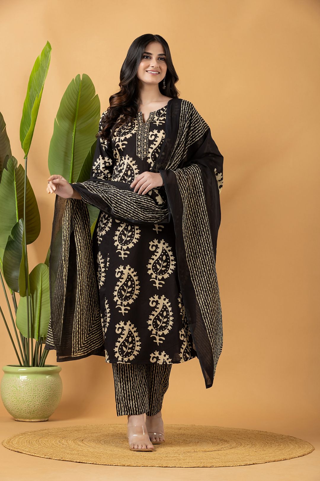 Black Embroidered A-Line Kurta With Pant & Dupatta
