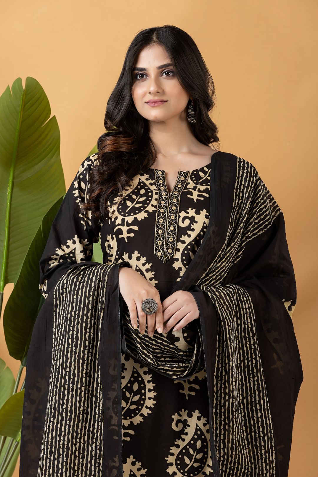 Black Embroidered A-Line Kurta With Pant & Dupatta